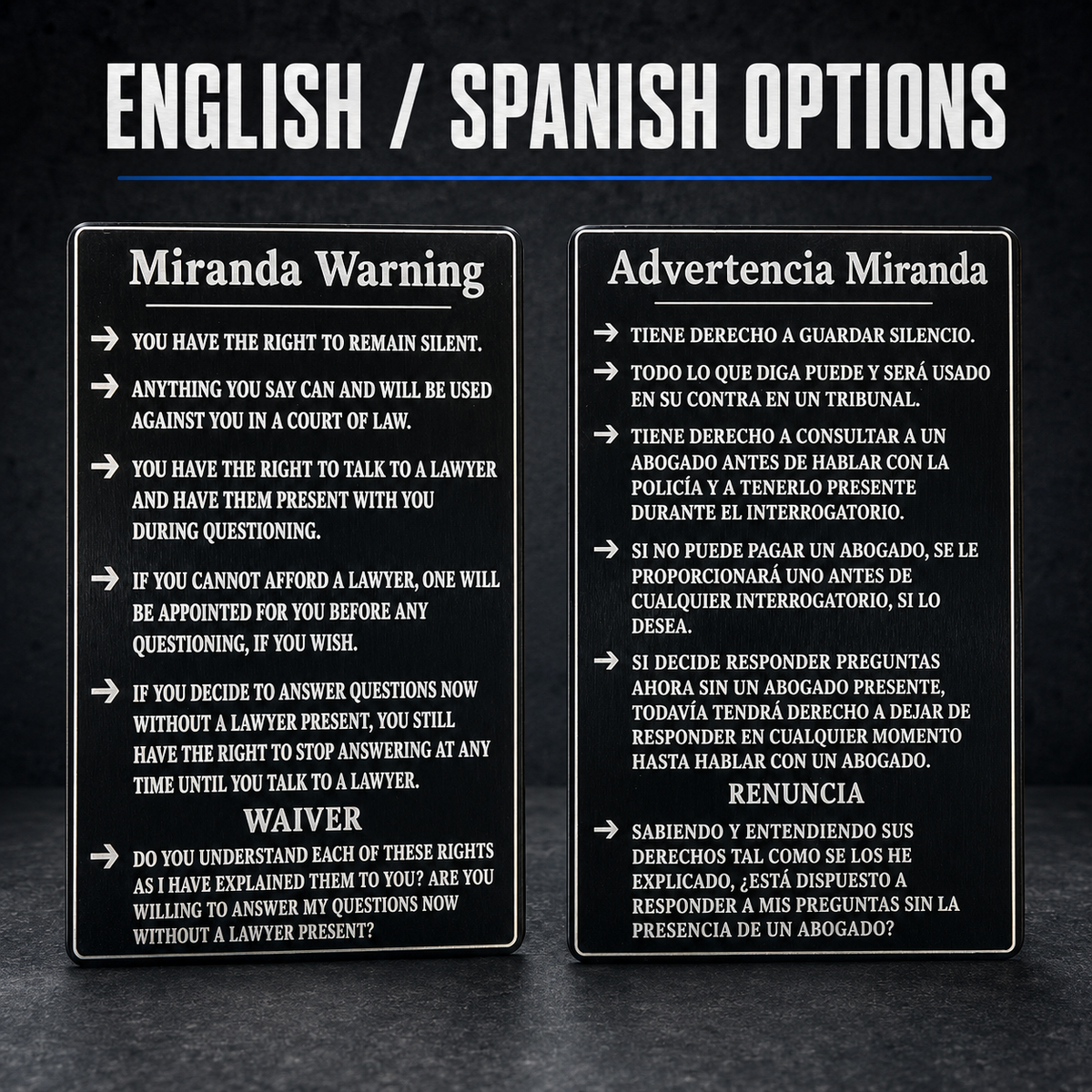 Metal Miranda Warning Card