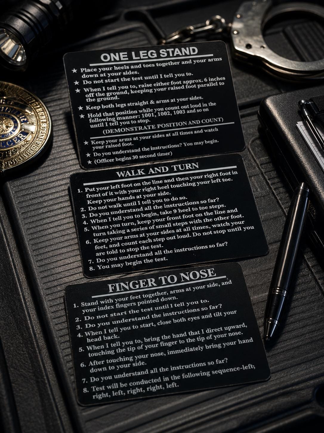 SFST Metal Reference Cards for Law Enforcement | Standardized Field Sobriety Testing Cards | Finger to Nose | Walk & Turn | One Leg Stand