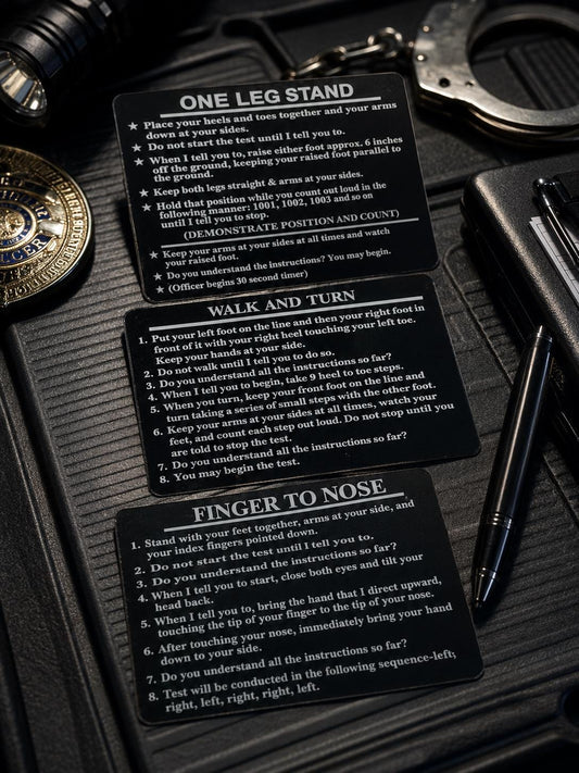 SFST Metal Reference Cards for Law Enforcement | Standardized Field Sobriety Testing Cards | Finger to Nose | Walk & Turn | One Leg Stand