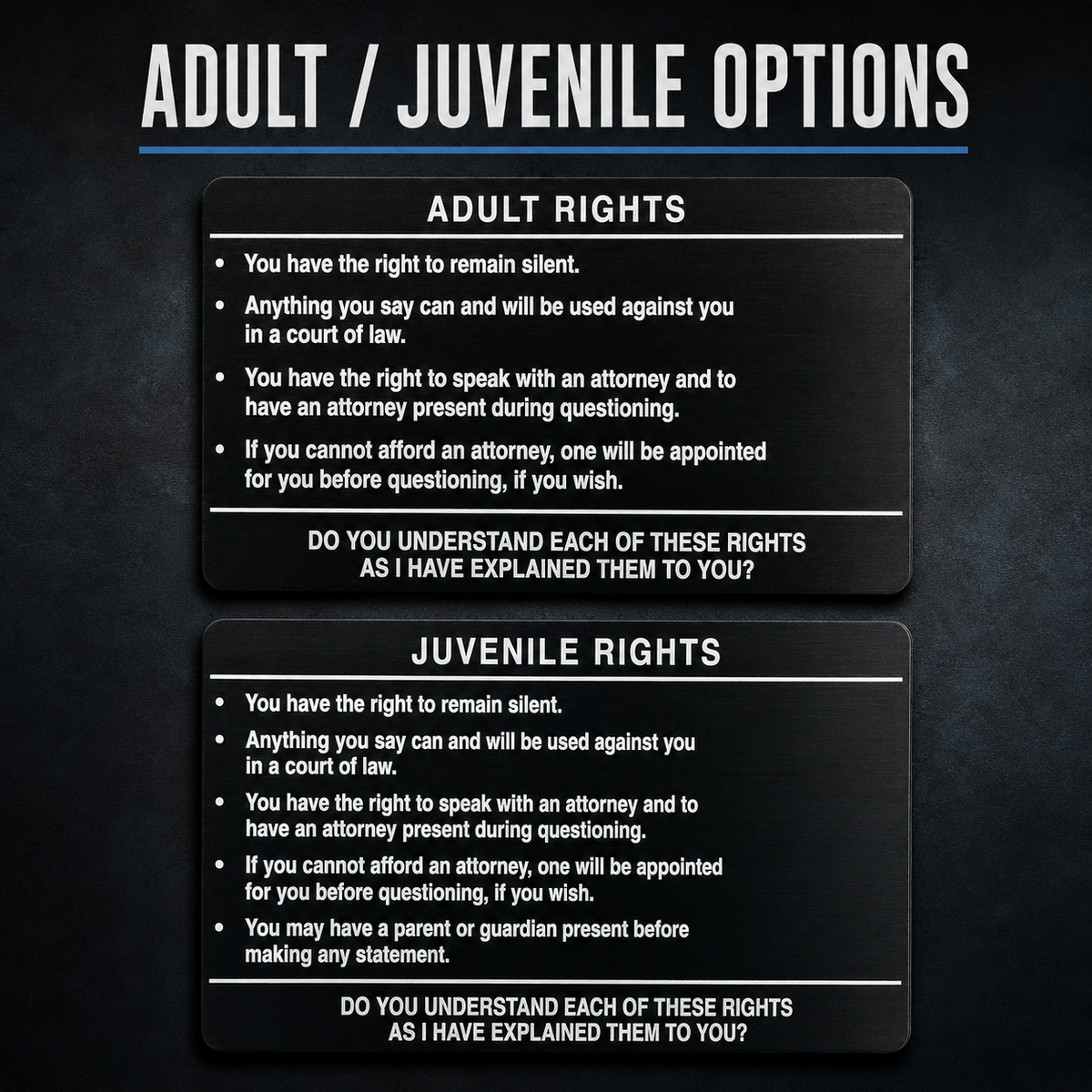 Metal Miranda Warning Card
